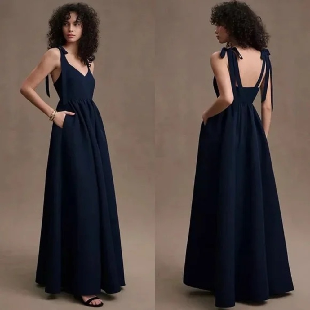 Sachin & Babi Elanor Dress Size 2 Navy Bow Tie Straps Taffeta Formal Evening